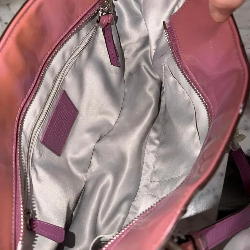 coach gallery embossed signature patent leather tote mauve pink colorway